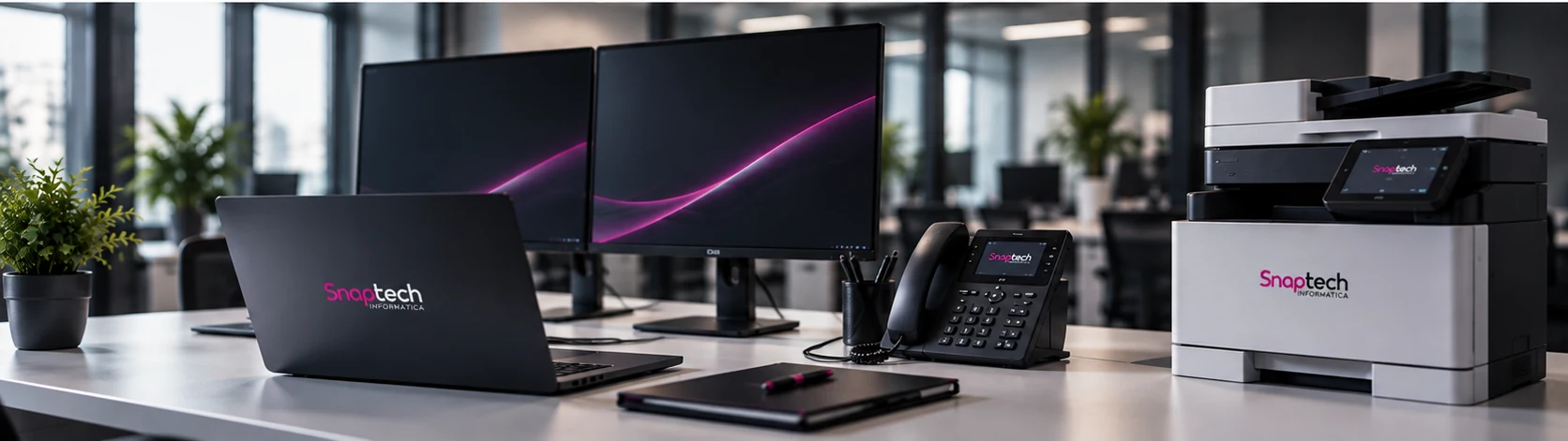 Postazione di lavoro moderna con notebook, monitor, telefonia e multifunzione